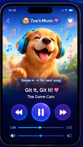 PocketBubble playback screen showing a golden retriever album picture with large previous, pause, and next buttons.