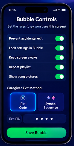Bubble settings screen with lock toggles and a caregiver exit method chooser.